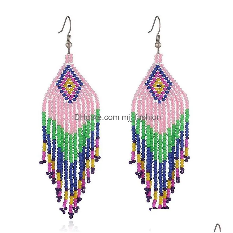 retro bohemia rice bead dangle hand weaving beaded colorful simplicity geometry alloy tassel earrings