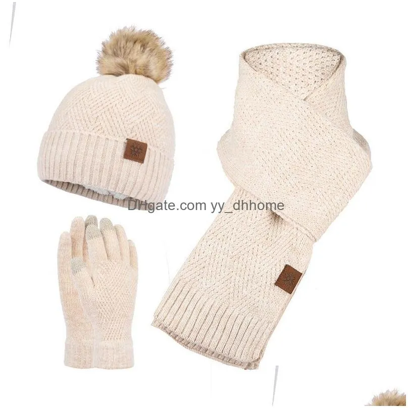 design fashion winter knitted scarf hat gloves set thick warm skullies beanies hats for women outdoor snow riding girl 3 piece set