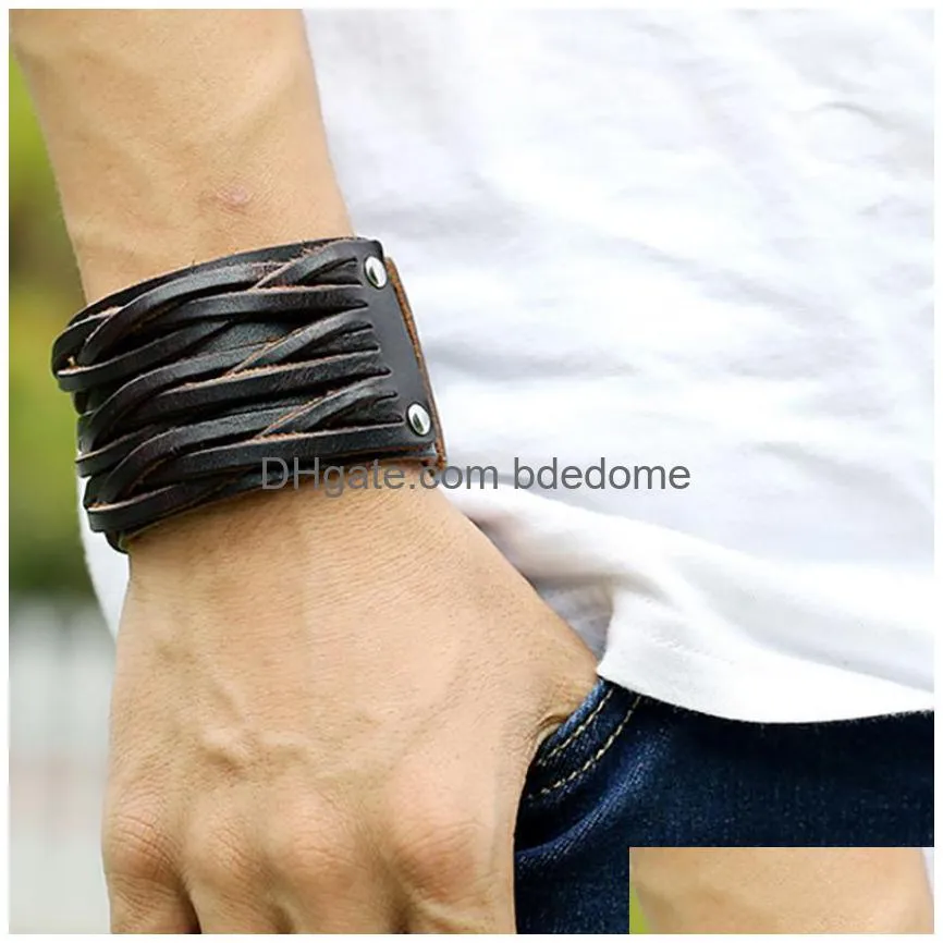 rows wide weae braid leather bangle cuff multilayer wrap button adjustable bracelet wristand for men women fashion jewelry black