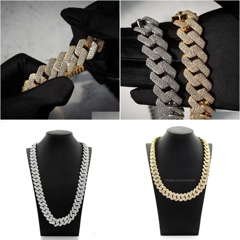 hip hop jewelry 15mm 3 row bust down  iced out moissanite 14k solid gold cuban link chain necklace