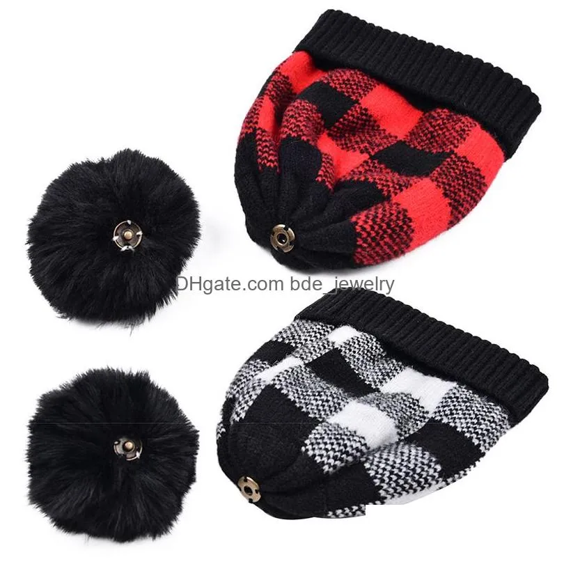 fashion street plaid women beanie knit hats rabbit fur pompom caps autumn winter outdoor casual ladies warm hat