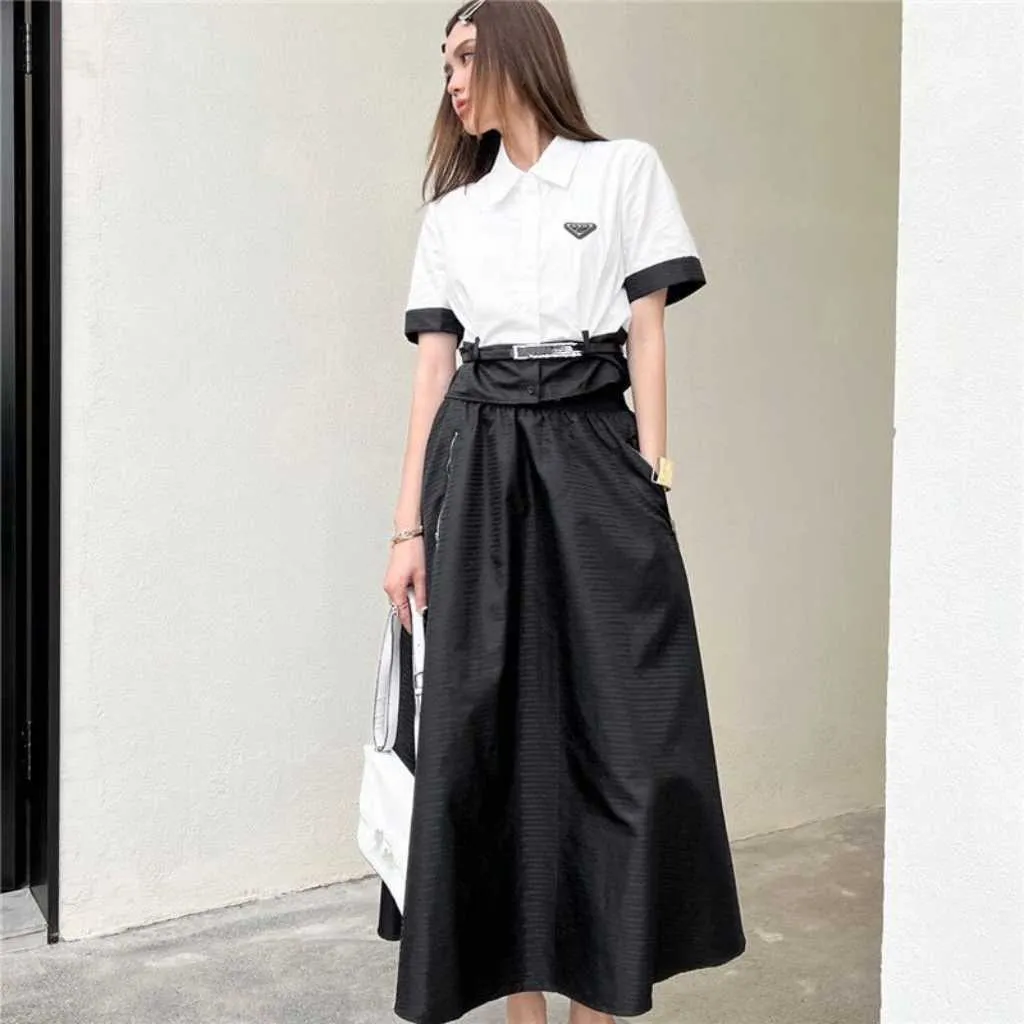 Summer ladies white high-waist shirt short sleeve plus black loose high-waist long skirt set skirt, short shirt short-sleeve plus belt slim, casual fashion.