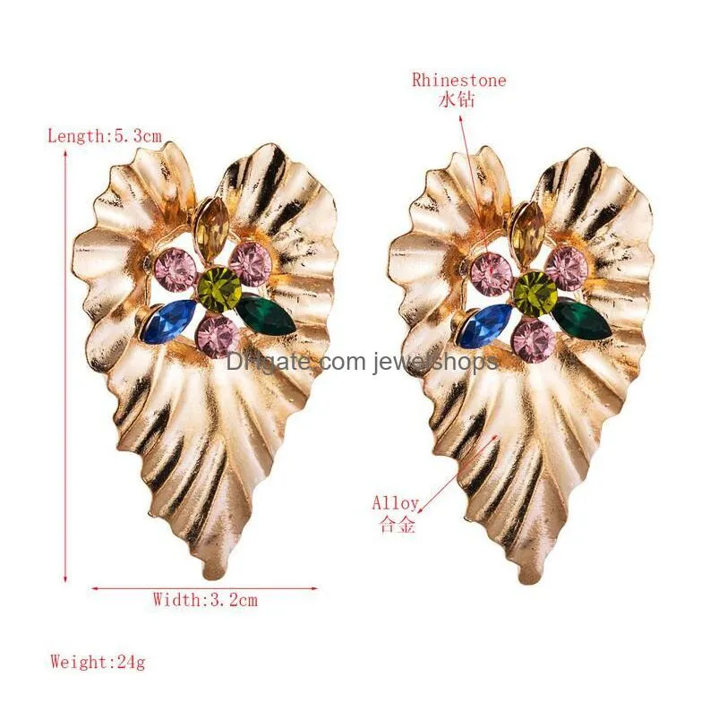 gold love heart leaf studs colorful ab red rhinestone bohemian leaves shape women dangle earrings street party jewelry gifts