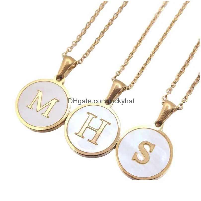 initial letter necklace a-z white shell round alphabet pendants stainless steel letters men women pendant charm jewelry gift