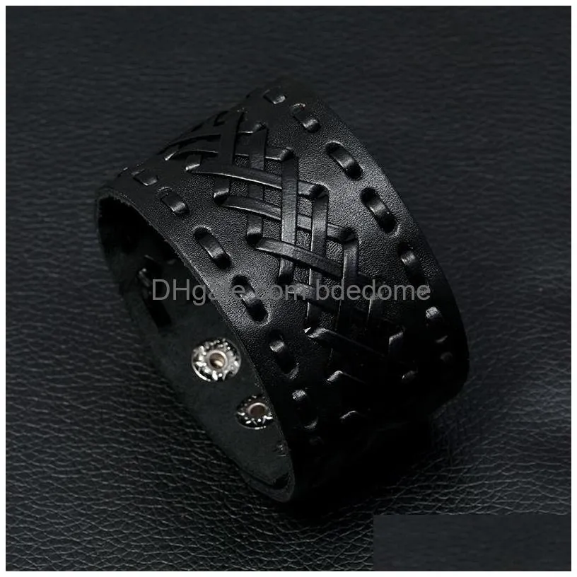 hollow wide lace bandage leather bangle cuff button adjustable bracelet wristand for men women fashion jewelry black