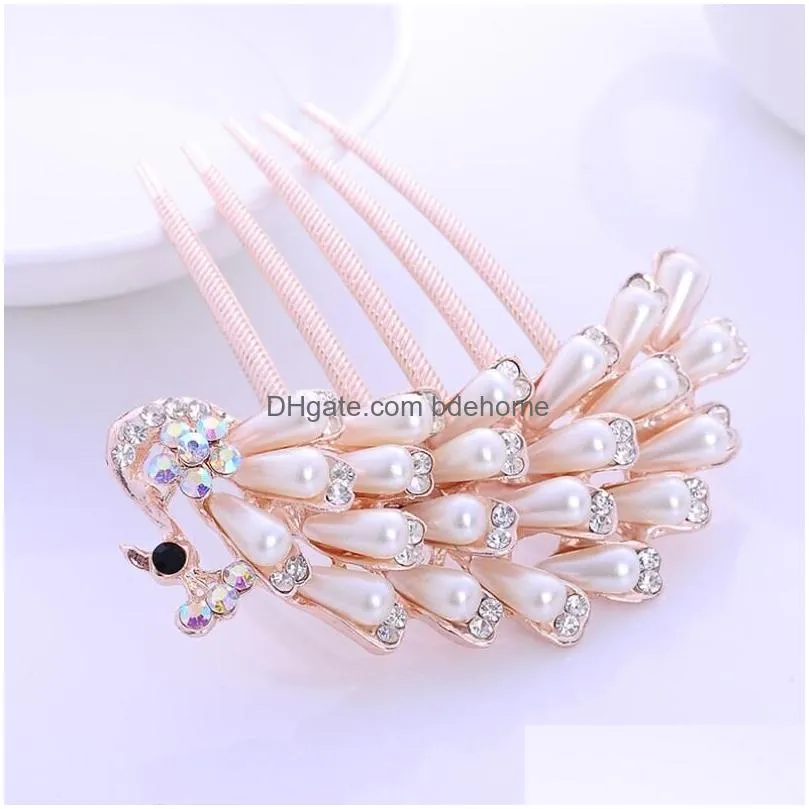 fashion gold color pearls crystal sunflower floral hair combs for women brides headpiece bridal wedding hairs accessories gifts