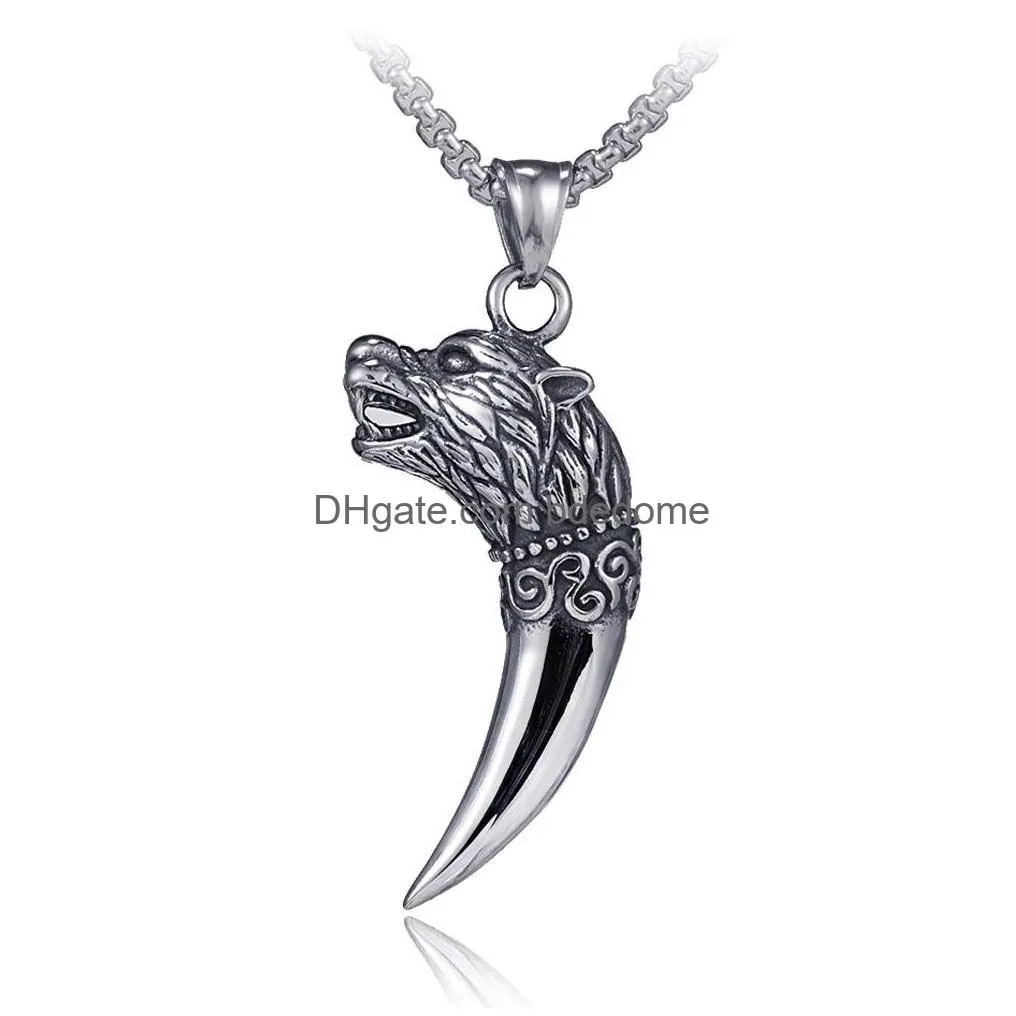 ancient silver head wolf tooth pendant necklaces stainless steel chain necklace women men hiphop fashion fine jewelry