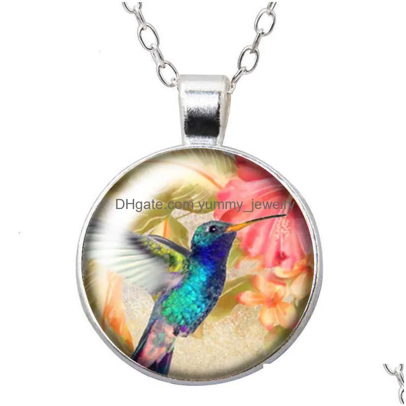 flower birds hummingbird round pendant necklace 25mm glass cabochon silver plated/crystal jewelry women birthday gift 50cm