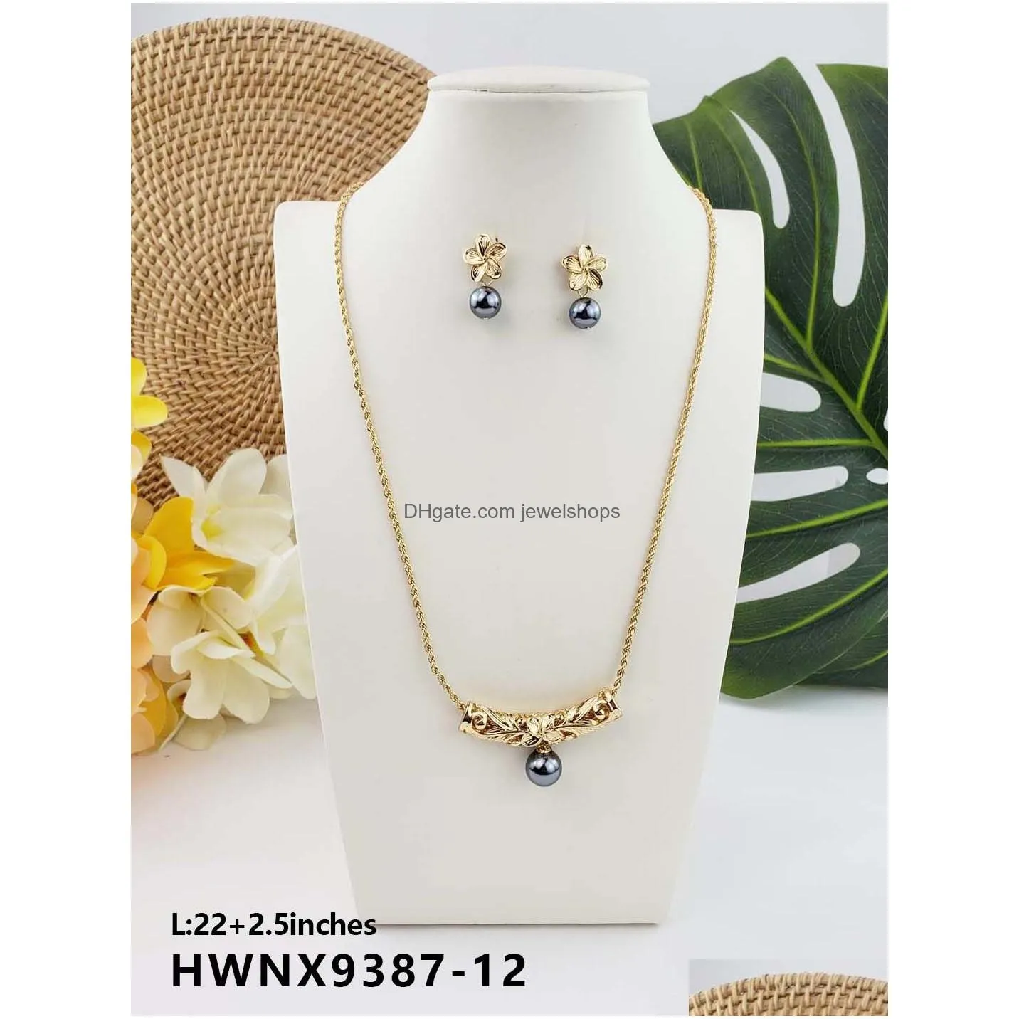 hawaiian hamilton gold hibiscus plumeria flower necklace with chain shell pearl earrings polynesian barrel floral jewelry sets for women