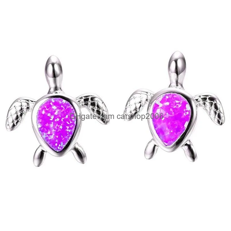 cute sea turtle stud creative lovely animal imitation fire opal ear earring for women girl trendy jewelry gift