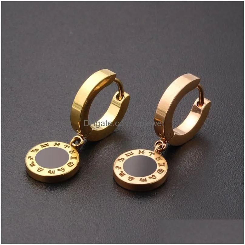 hiphop stainless steel constellation symbol circle hoop earrings for women men gold color fashion jewelry wholesale 1 pair