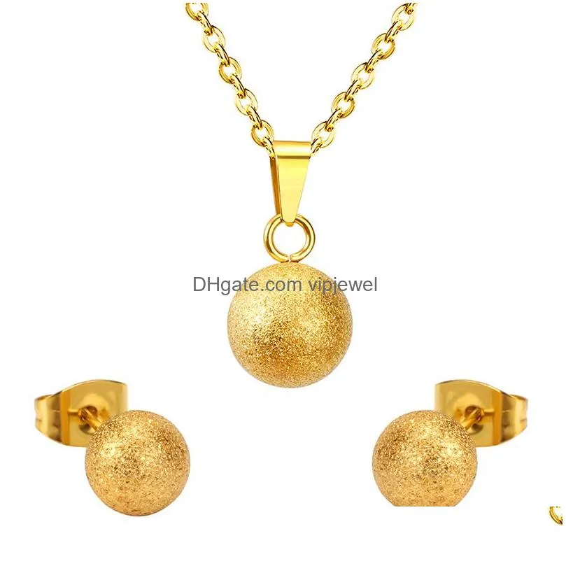 gold silver ball round stainless steel wedding jewelry set women party pendant necklace earrings sets