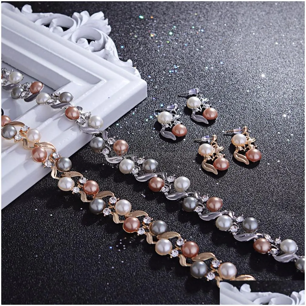 colorful pearl necklace earrings jewelry set vintage alloy leaves statement chokers bridal wedding accessories collar party gift