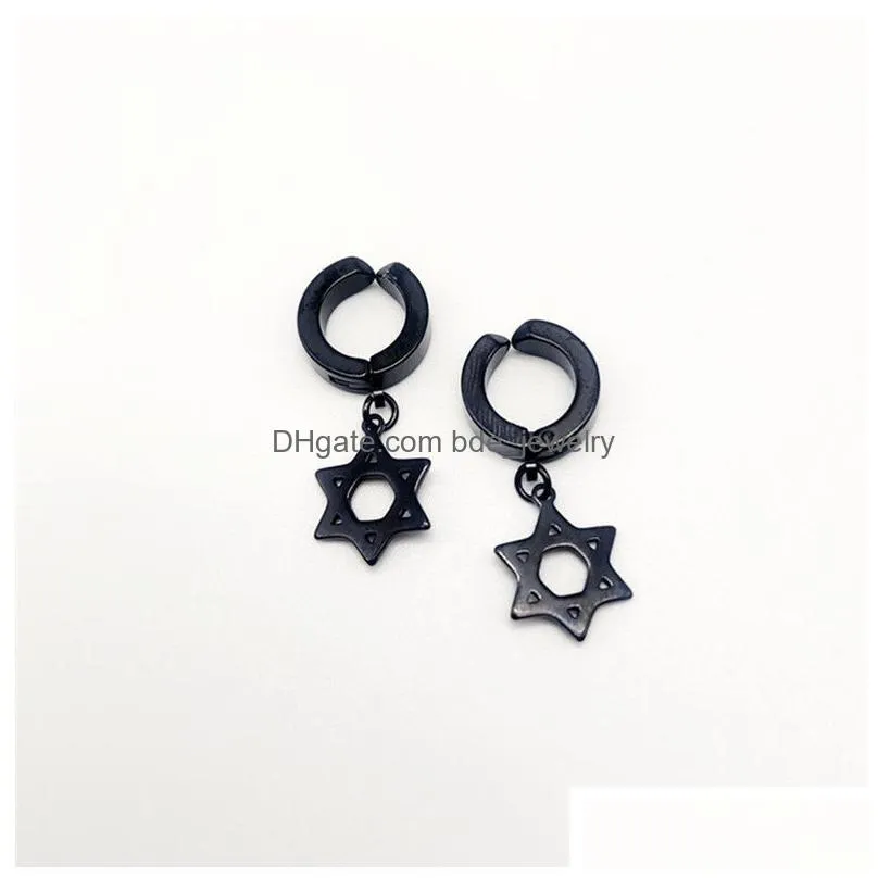 unisex stainless steel ear cuff punk man black clip on earrings geometry triangle star pendant dangle earrings women gothic jewelry 1