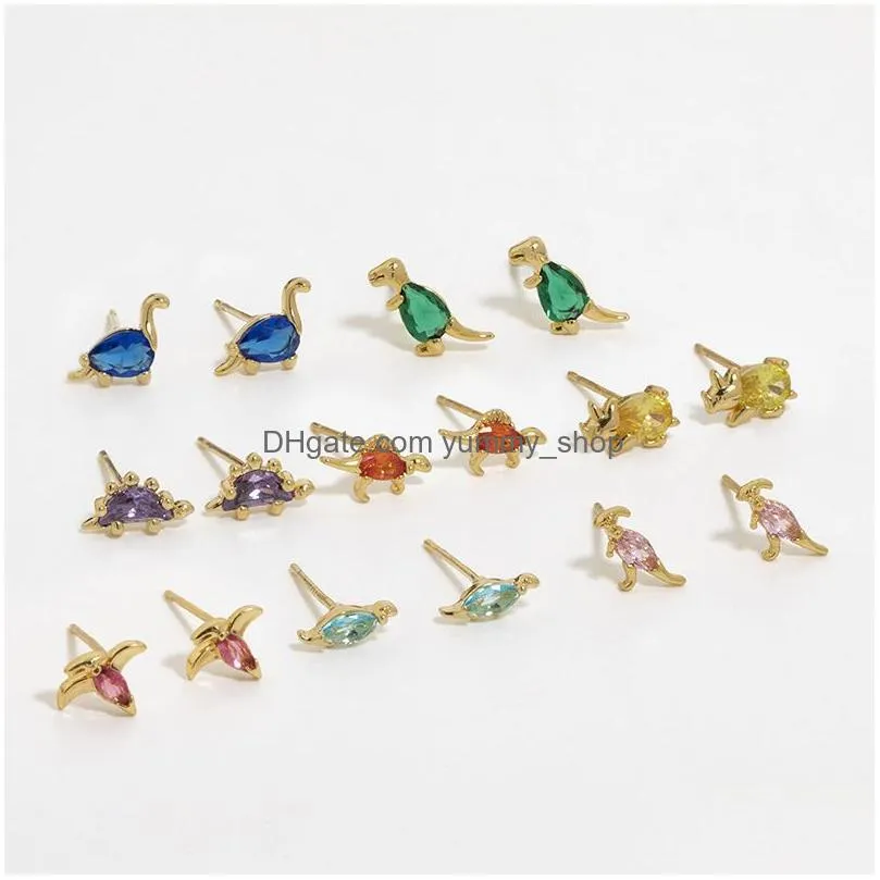 ins creative inlaid zircon dinosaur stud earrings simple cute real gold-plated color earring for women girls fashion jewelry gift