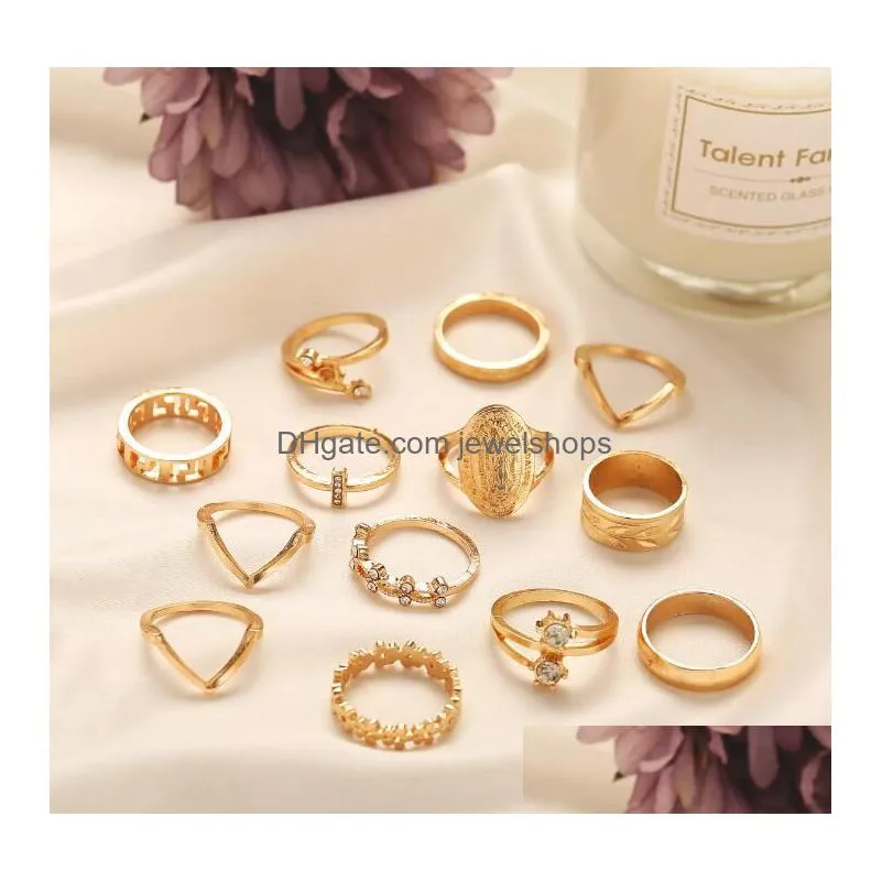 13pcs/set fashion ladies gold plated finger rings retro geometric ring set woman jewelry