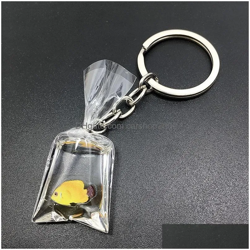 creativity miniature resin goldfish keychains charms small fish in water bag pendant diy key rings fashion accessories