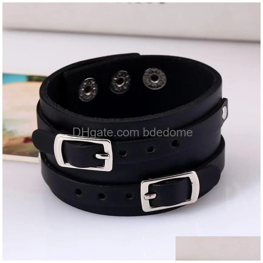 pin buckle charm leather bangle cuff button adjustable bracelet wristand for men women fashion jewelry