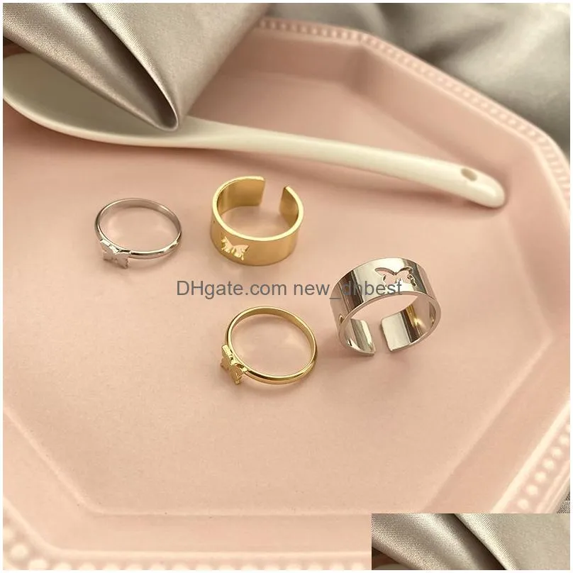 punk fashion butterfly cluster rings for women men gold silver color lover couple ring set opening engagement wedding jewelry