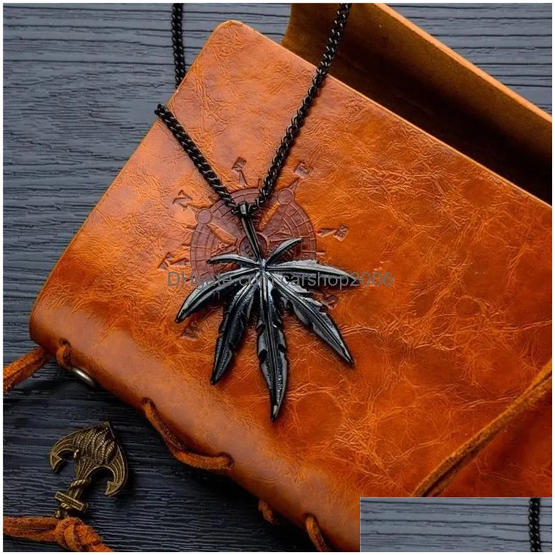 fashion man maple leaf necklace titanium steel hemp pendant glittery charm chain gift hip hop jewelry accessories