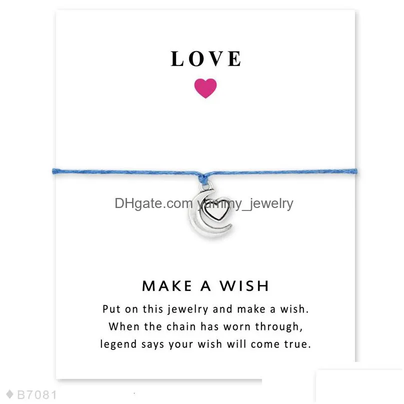 star moon heart love antique silver charm card bracelets blue pink wax cords women men girl boy fashion handmade jewelry gift