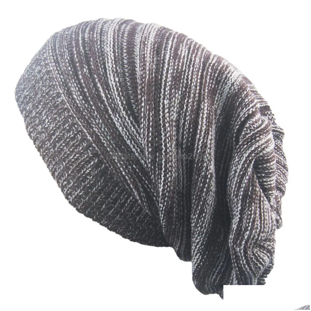 women men caps mixed color cotton striped hip hop winter warm beanies knit long loose hat headdress