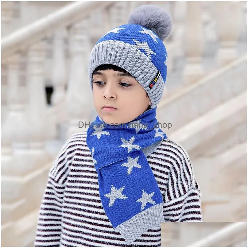 fashion winter thick warm kids hat set scarf for boy girl cute double pom children beanie scarves gift