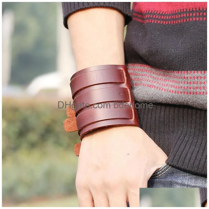 rows belt leather bangle cuff motorcycle multilayer wrap wide button adjustable bracelet wristand for men women fashion jewelry