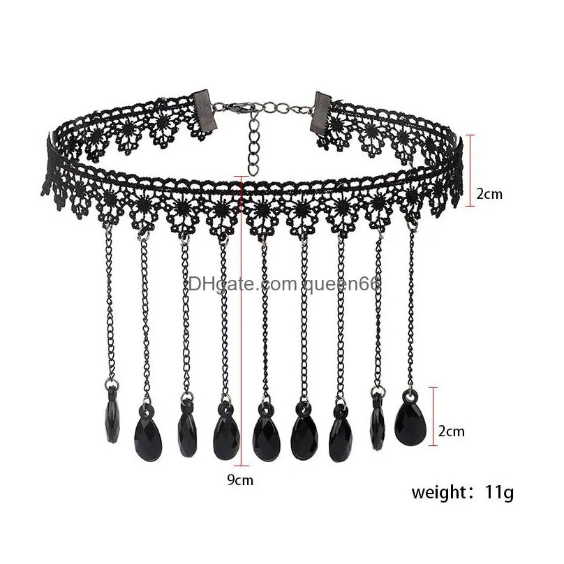 gothic chokers black beaded flowers y lace neck choker necklace vintage tassel chain women punk halloween jewelry