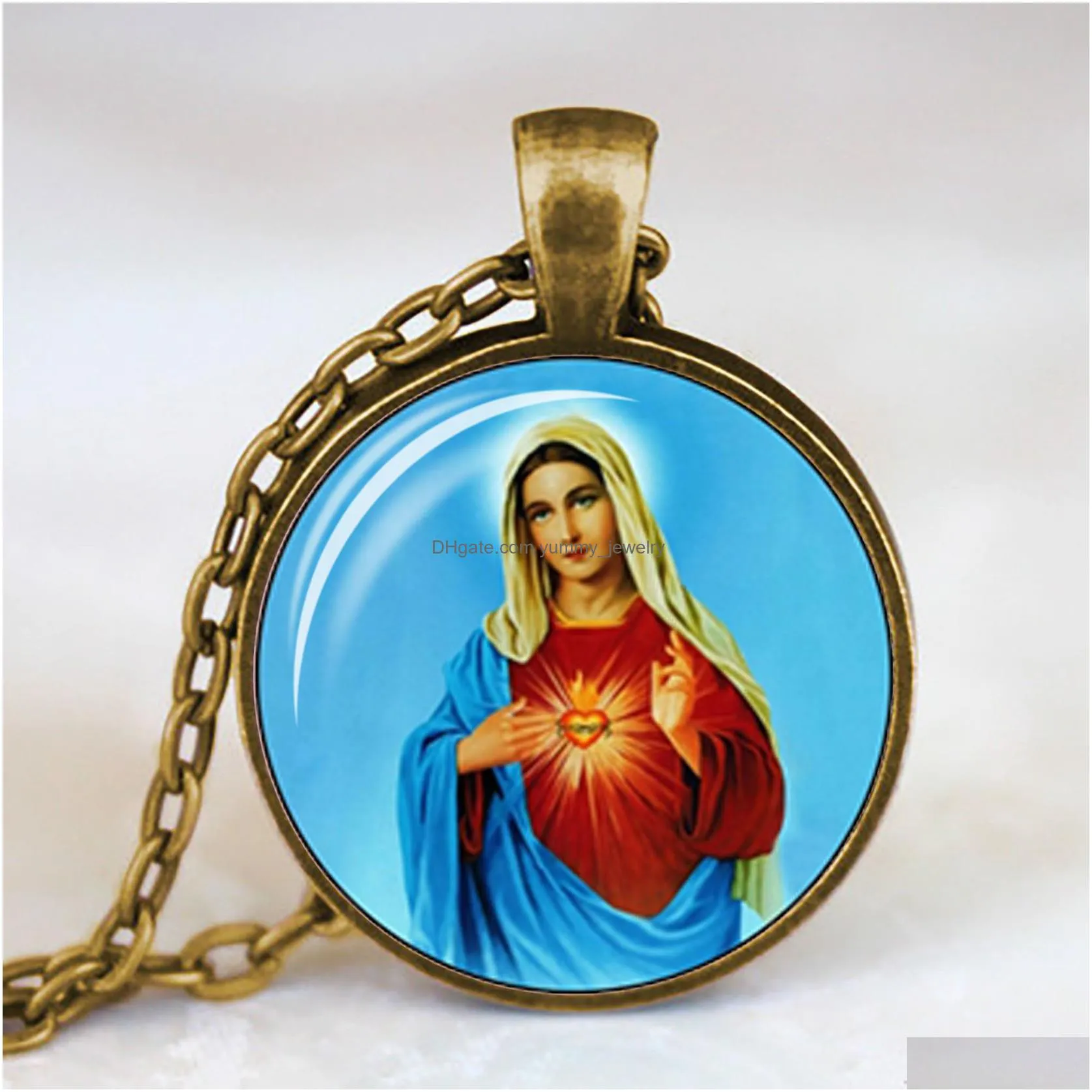 blessed virgin mary mother of baby necklace jesus christ christian pendant catholic religious glass jewelry gift for men women