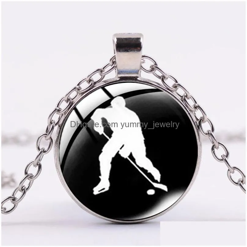 love hockey silver plated chain necklace ice hockey players silhouette printing glass cabochon men women sports jewelry