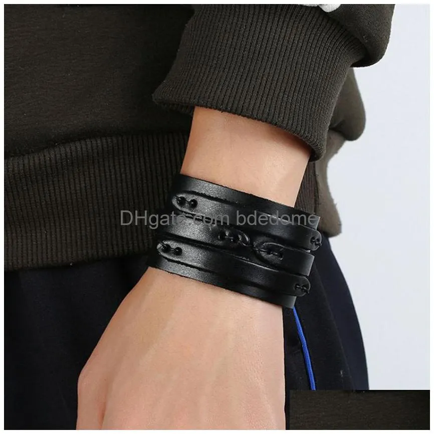 motorcycle wide leather bangle cuff multilayer wrap button adjustable bracelet wristand for men women fashion jewelry