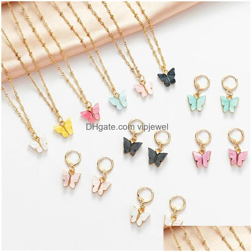 cute acrylic butterfly earrings pendant necklaces combination jewelry set sweet style alloy chain