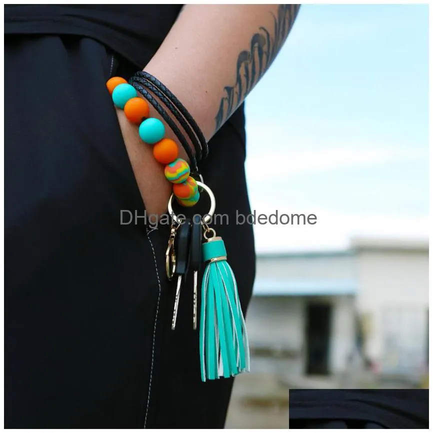 strand colorful silicone beads bracelets key ring beaded bracelet keychaintassel key chain women fashion jewelry