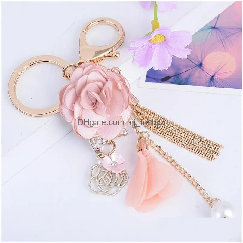 cloth rose flower key ring chiffon tassel car fashion charm key chains lady couple bag keychain party gift