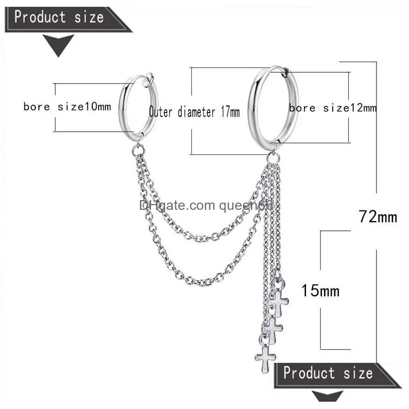 personality sliver titanium steel men ear chain double pierced eardrop clip dangle earrings fashion jewelry for women