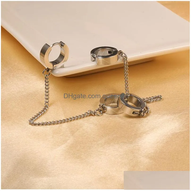 personality sliver titanium steel men ear chain double pierced eardrop clip dangle earrings fashion jewelry for women