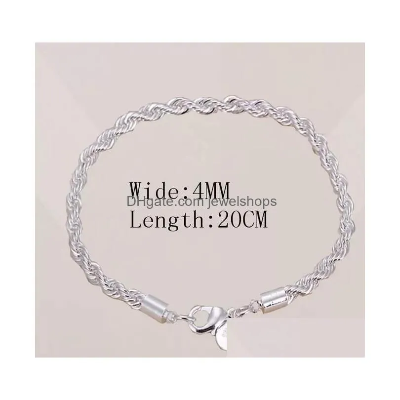 4mm 925 silver plated twist rope chain bracelets for women men wedding party bracelet charms bracelets fit murano beads