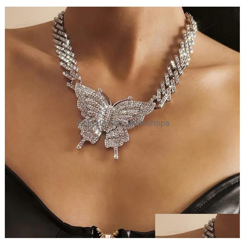 butterfly necklaces bling iced out cuban link chains gold silver crystal rhinestone animal pendant hip hop necklace girls party jewelry