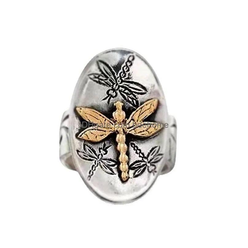 vintage dragonfly rings for men women antique silver color jewelry retro fashion yellow gold flower ring wedding bands