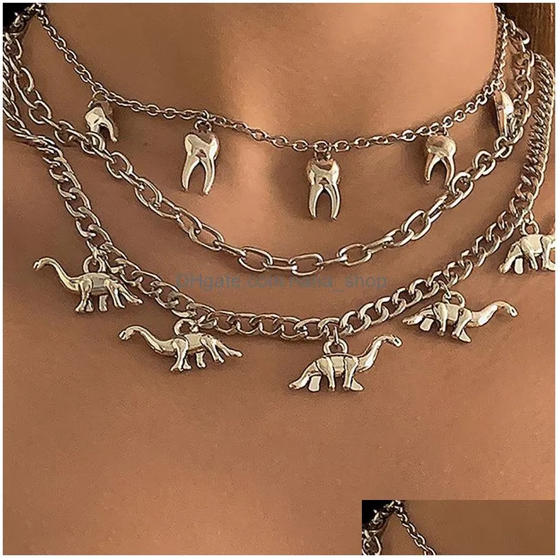 vintage harajuku goth punk metal dinosaur teeth shape pendant chain choker necklace for women girl cool hip hop trendy jewelry gift