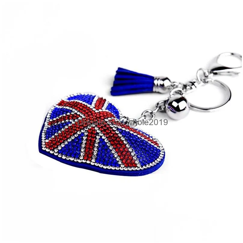  rhinestone heart flag of the united states keychain bling silver plated chain key rings hanging fashion car play pendant
