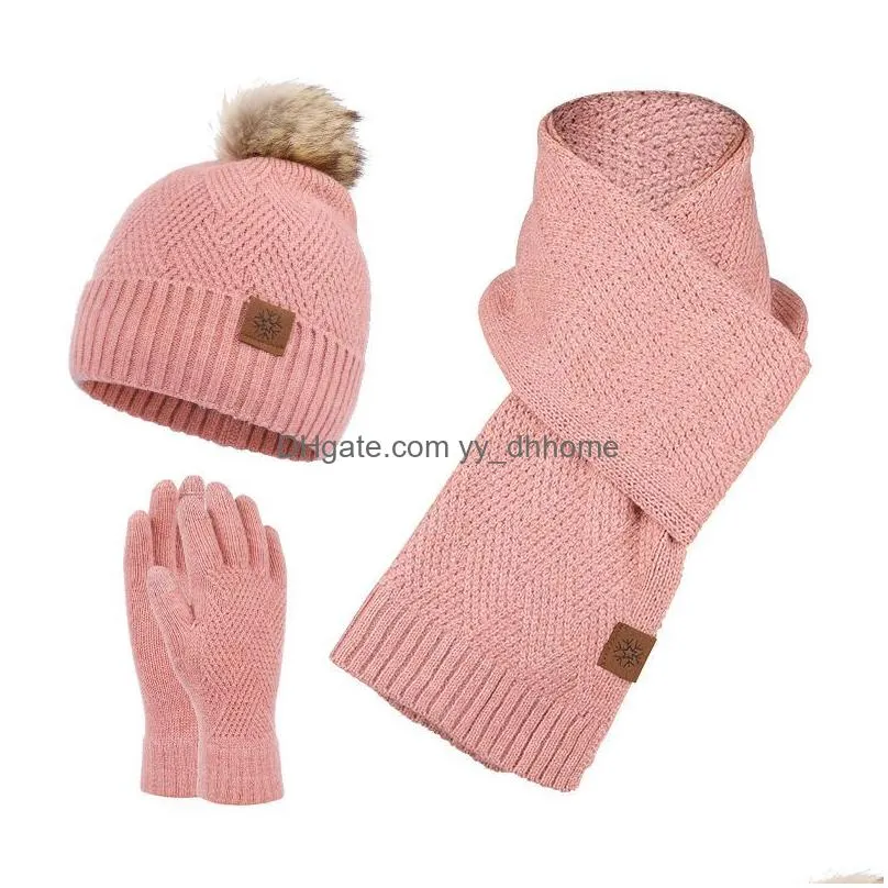 design fashion winter knitted scarf hat gloves set thick warm skullies beanies hats for women outdoor snow riding girl 3 piece set