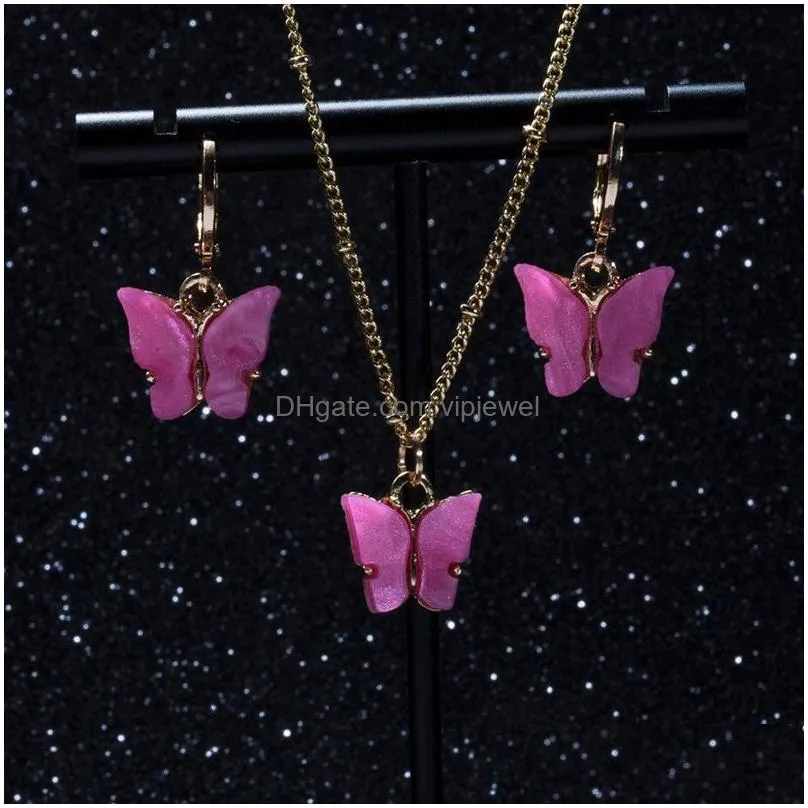 cute acrylic butterfly earrings pendant necklaces combination jewelry set sweet style alloy chain