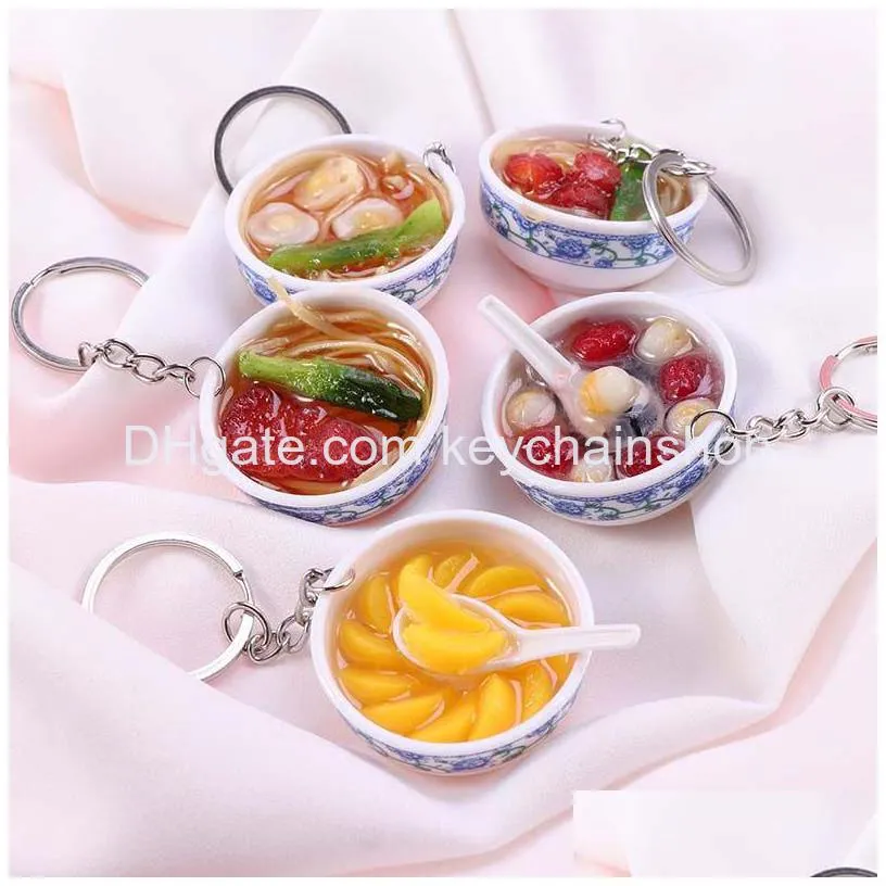 4cm novelty simulation food key chains party favor noodle creative keychain chinese blue and white porcelain food bowl mini bag