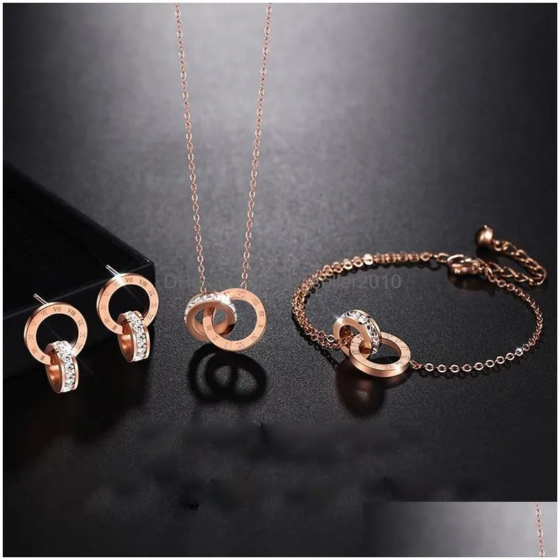 fashion street luxury roman numeral necklace earrings bracelet set for women stainless steel crystal stud wedding jewelry gift