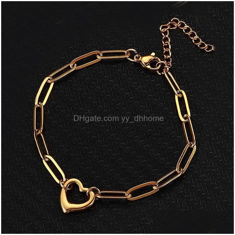 casual heart pendant bracelet paper clip chain bracelet stainless steel double chain bracelet for women couple jewelry for party gift