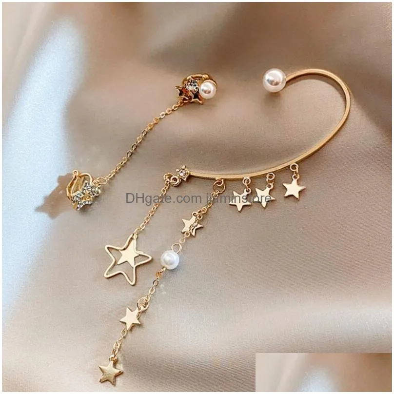 fashion ear cuff with asymmetric temperament beautiful women earring cuffs stars tassel pearl earrings