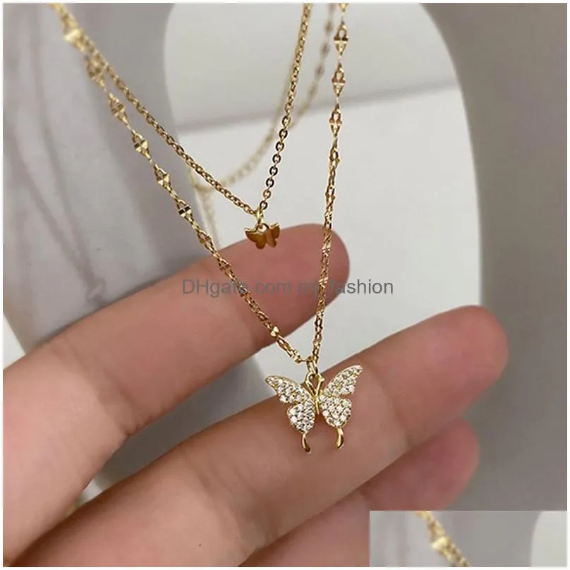 DHgate.com:Shiny Butterfly Necklace for Women, Dainty Double