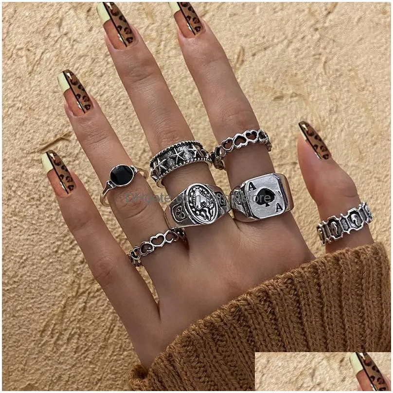 hiphop cluster rings vintage silver color poker angel wings finger ring for women punk heart butterfly boho knuckle ring sets trend